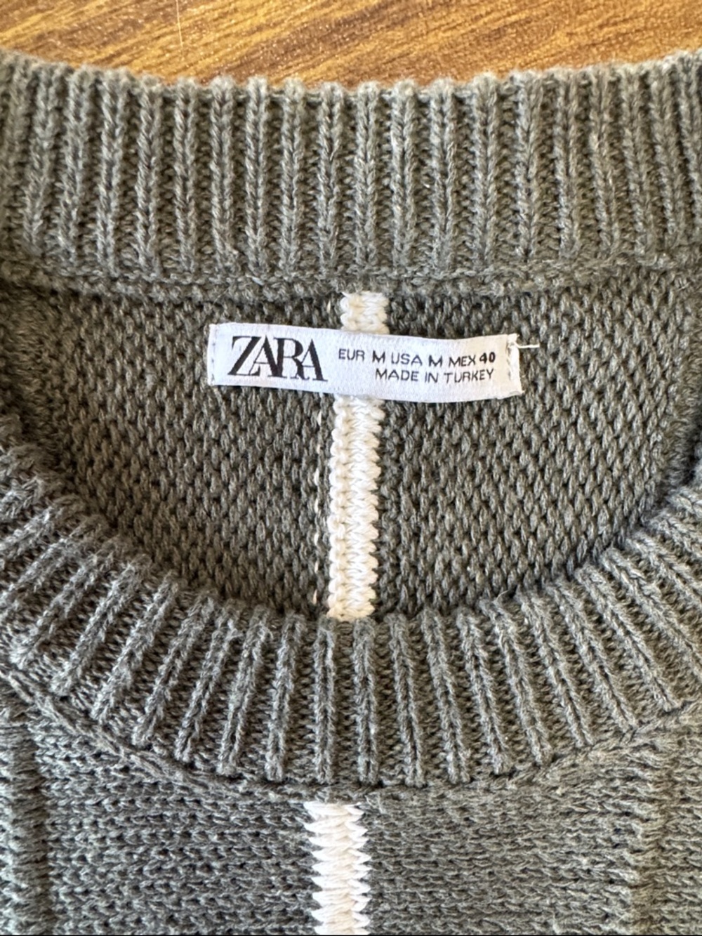 Zara Olive Crewneck Sweater with Orange & White Stripe Detail - Picture 4 of 4